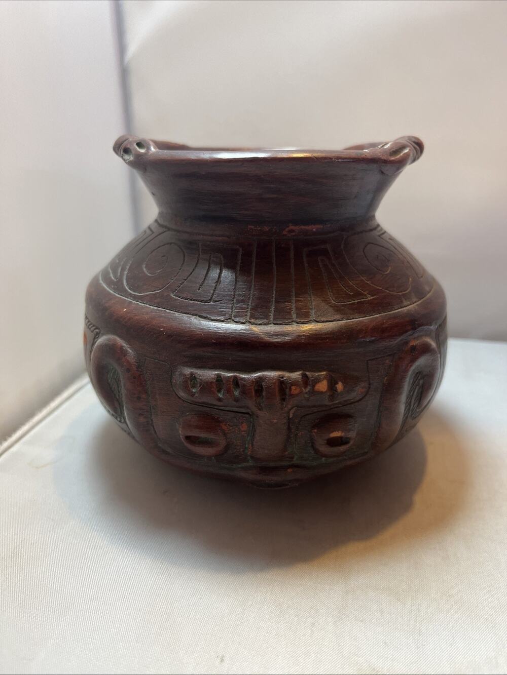 VTG Marajoara Terra Cotta Vessel Pot Brazil Red Clay Face Pottery 4.25"
